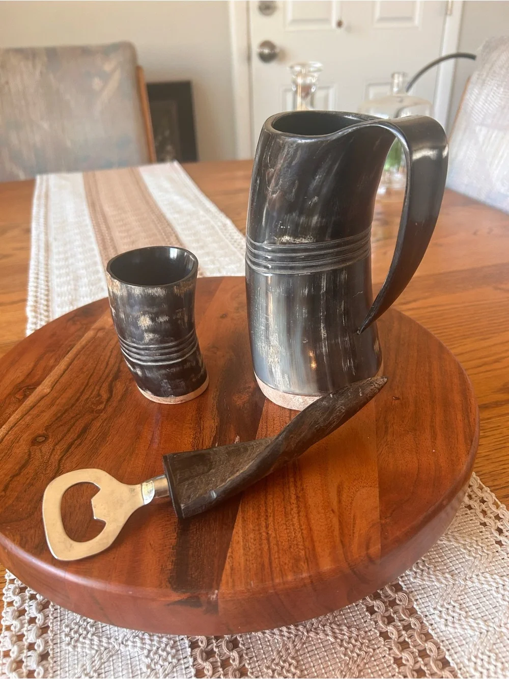 Elegant viking-style horn set with wooden base